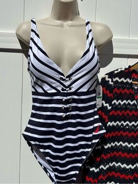 Nautica One-Piece Navy & White “Deep Sea” Deep-V Tummy Toner Swimsuit NEW NWT Lg